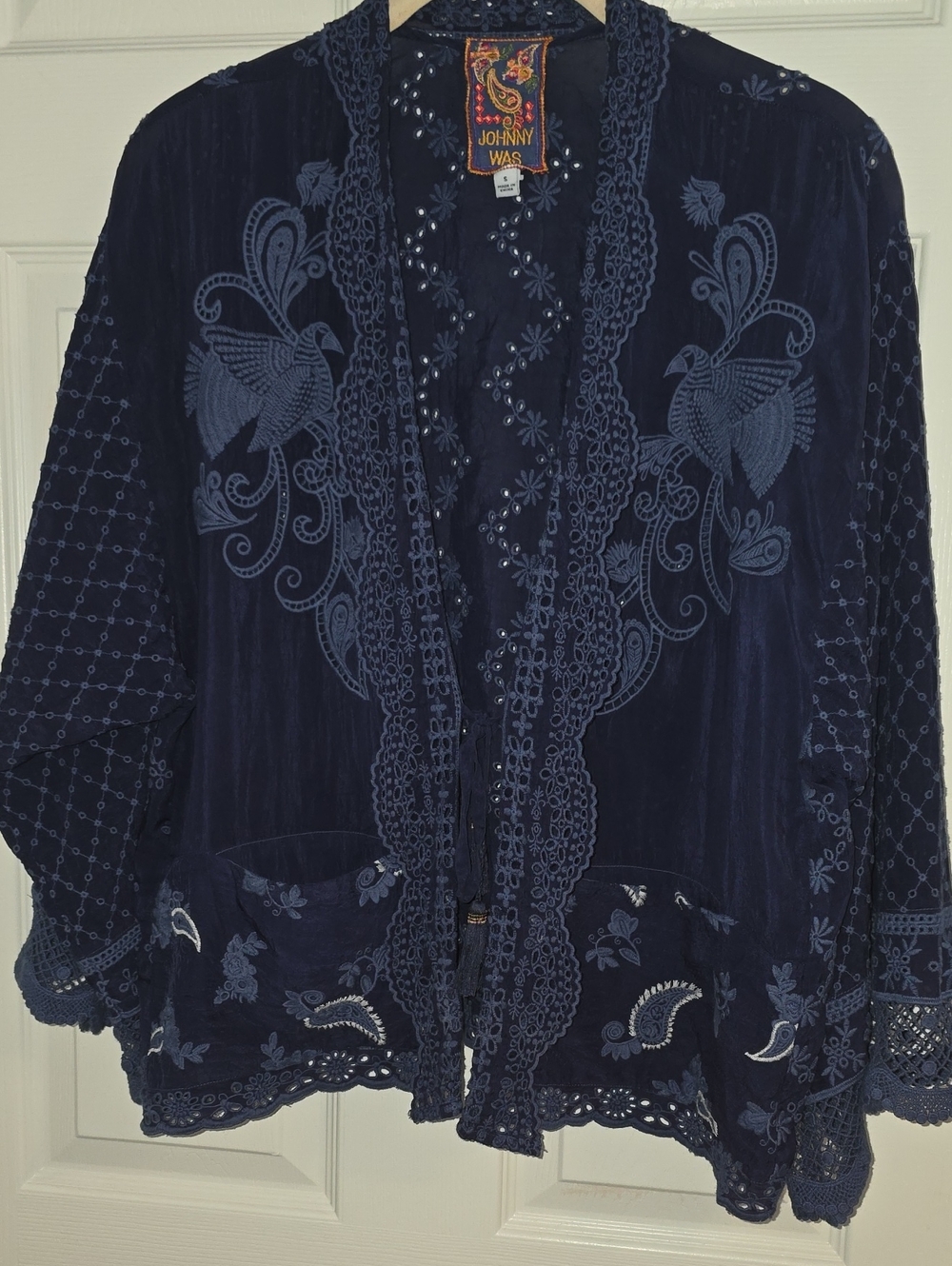 Johnny Was Navy Blue Embroidered Velvet Kimono Jacket